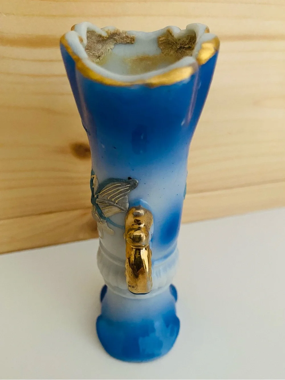 Vintage Japanese Dragonware 4” Mini Vase Urn Gilded Handles Moriage Dragon Blue